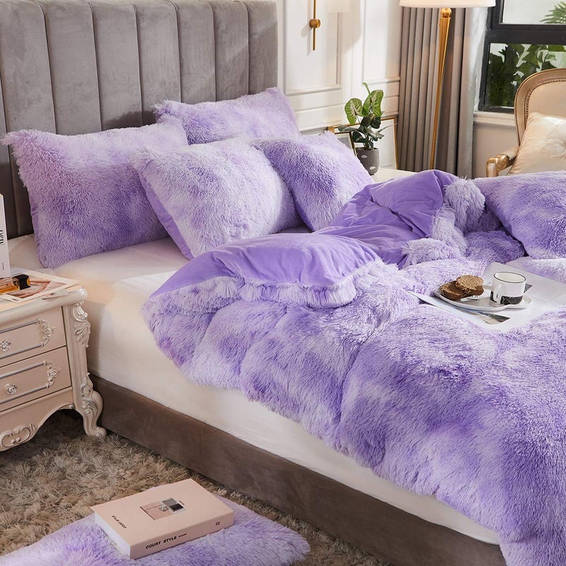 Uhamho Tie Dye Printed Faux Fur Bedding Set Modern Abstract Shaggy Plush Duvet Cover with Pillow Shams, Ultra Soft Warm (King, Tie Dye Lilac) - Image 3